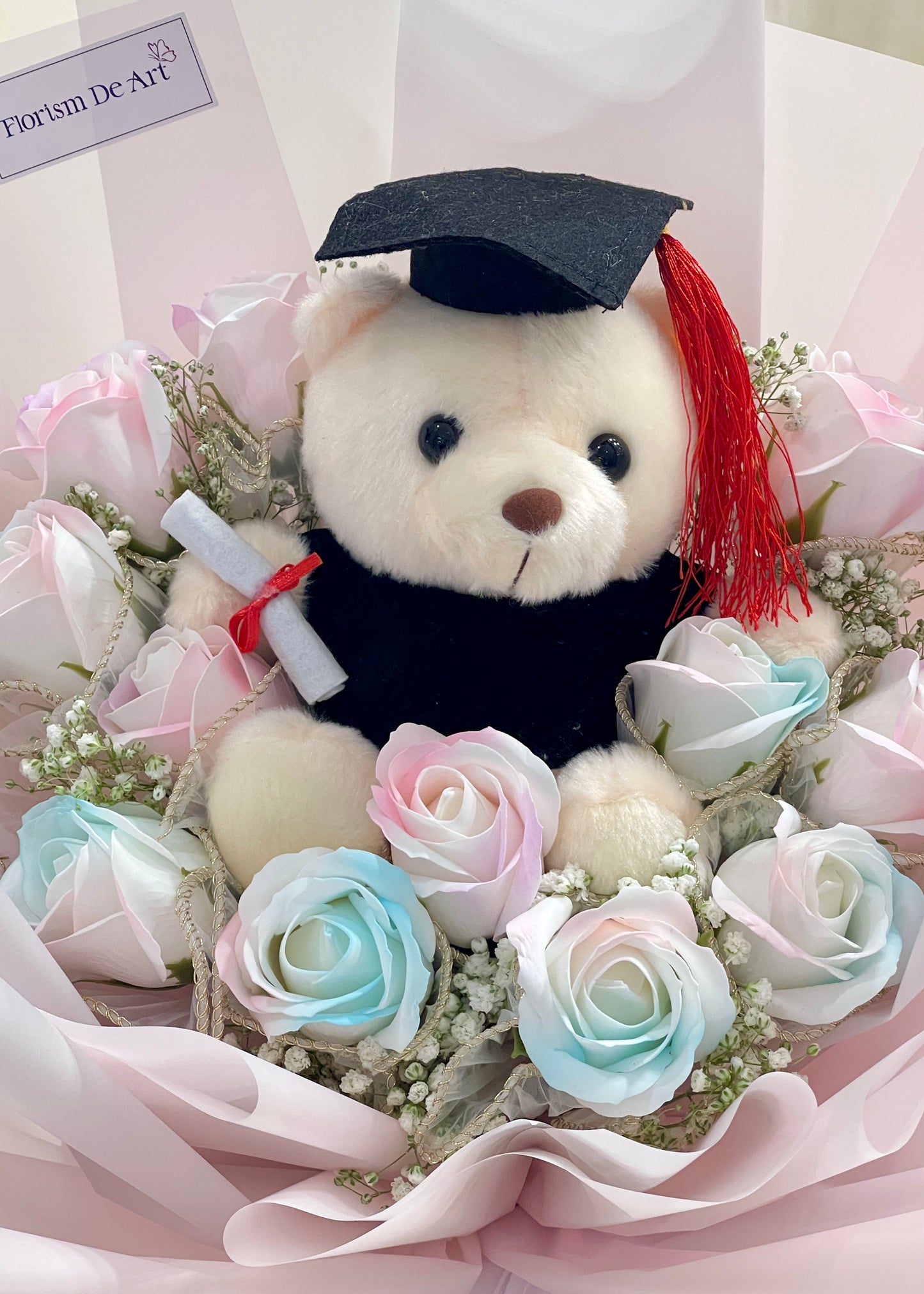 Adorable Graduation Soap Roses with Baby Breaths | Hand Bouquet