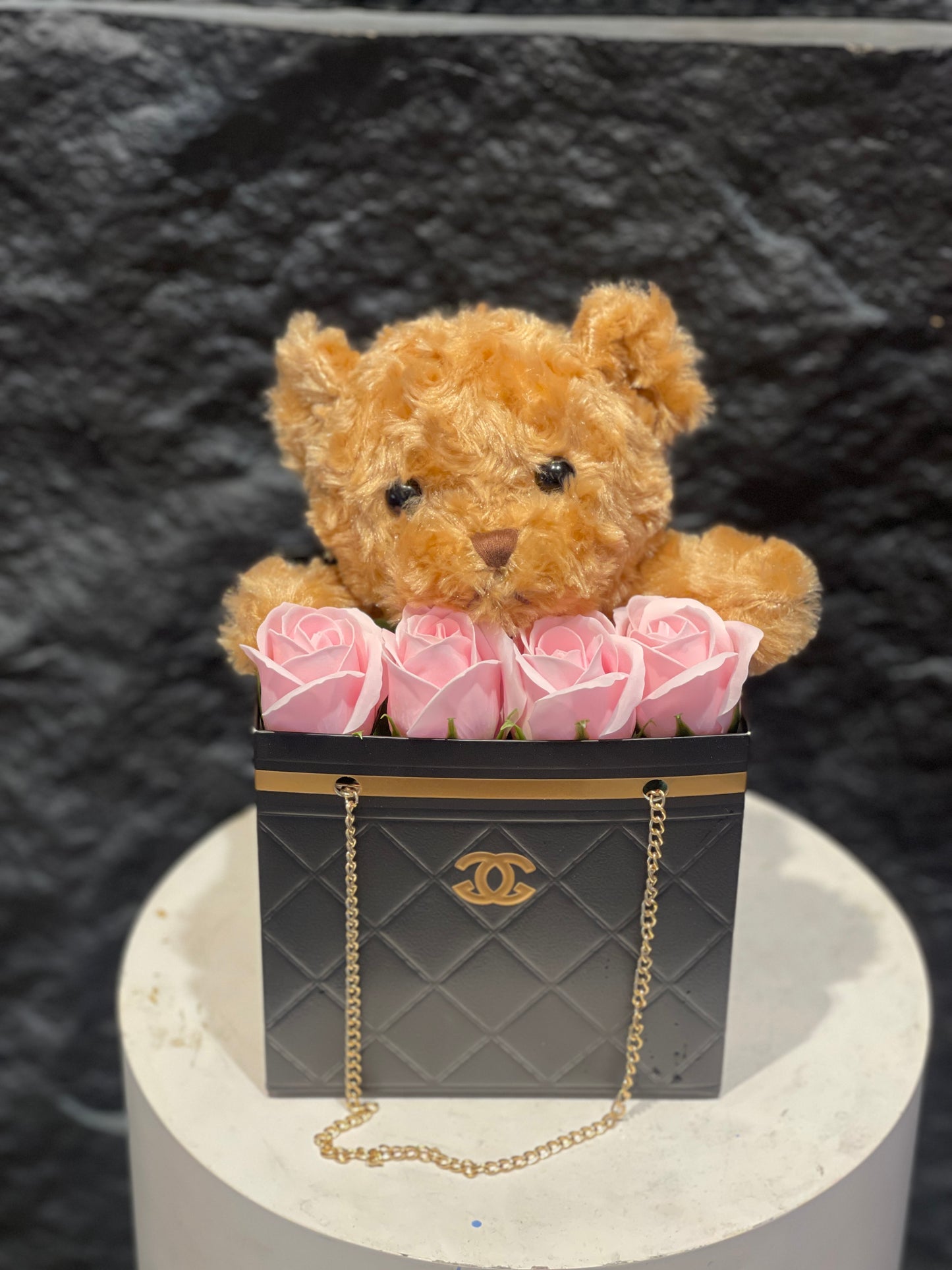 "Channel" Bag of Roses with Teddy (Soap Roses)
