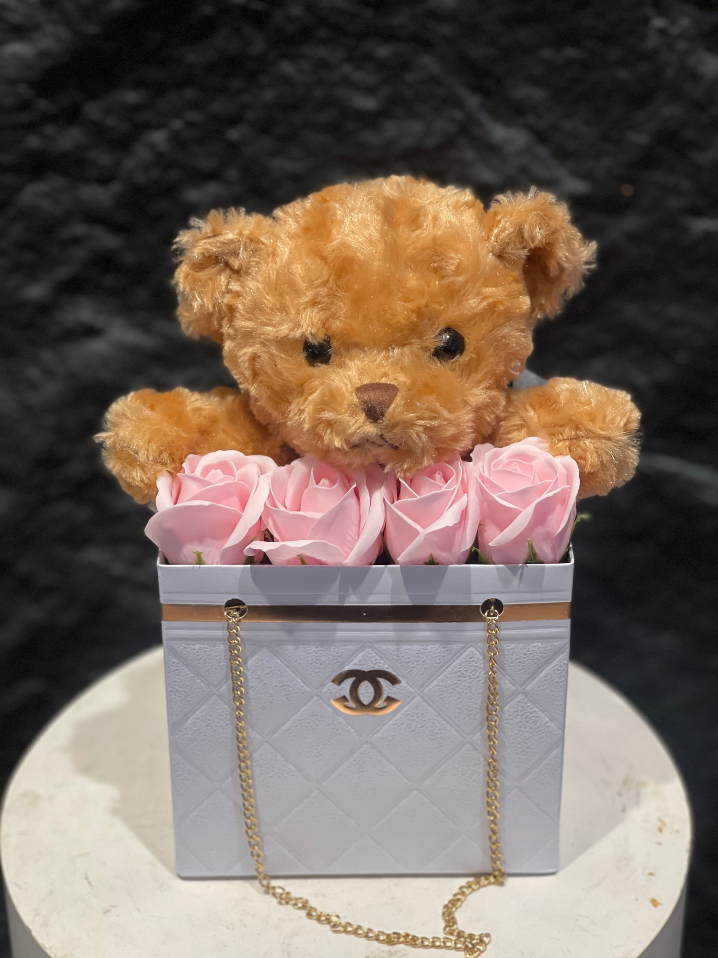 "Channel" Bag of Roses with Teddy (Soap Roses)
