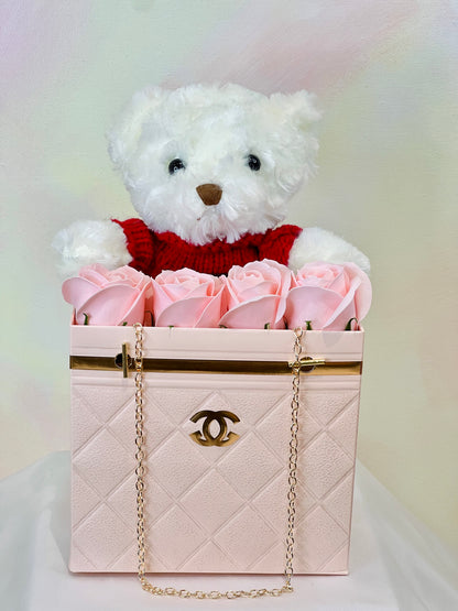 "Channel" Bag of Roses with Teddy (Soap Roses)