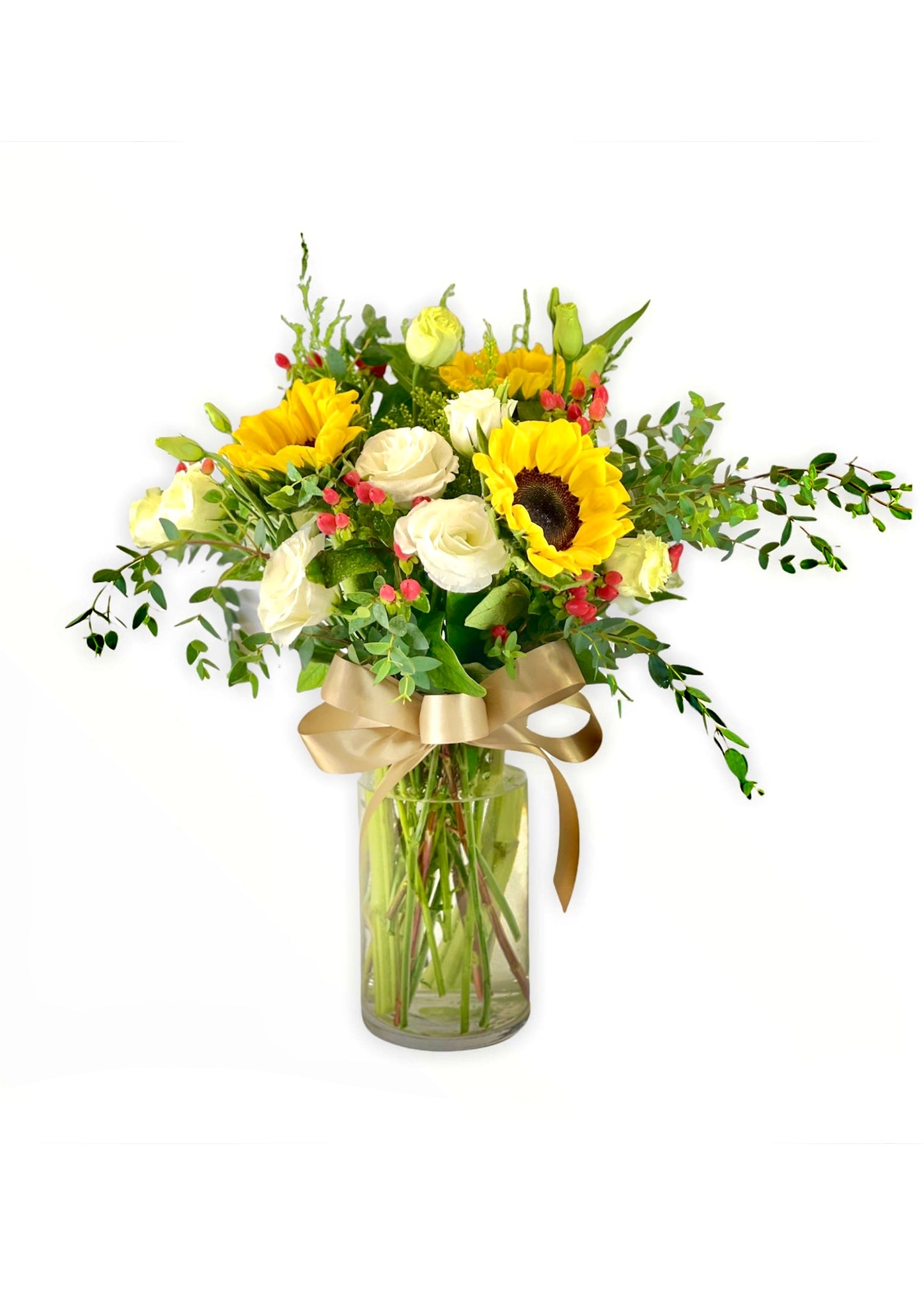 Sunlit Harmony Vase, sunflower vase arrangement, eustoma flower arrangement, luxury floral centerpiece, handcrafted floral arrangement, premium vase flowers, bright floral decor, chic floral display.